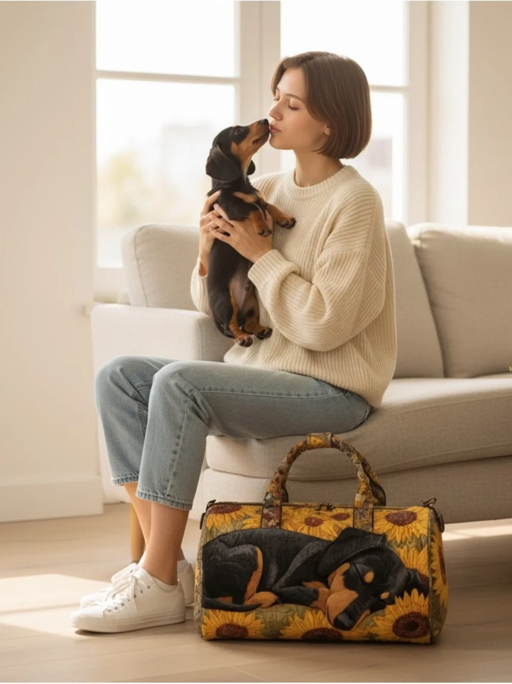 Dachshund Quilted Duffle Bag Sunflower Dog Mom Weekender Overnight Travel Tote